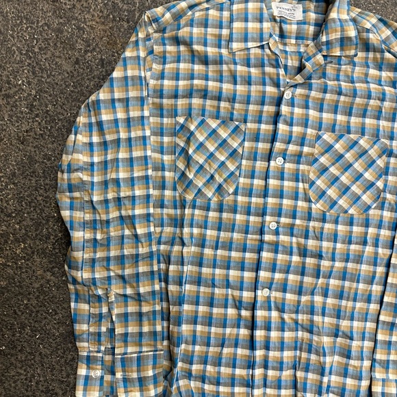 Penney’s Vintage Loop Collar Plaid Button Up Shirt M 15-15.5 Blue - Picture 2 of 6